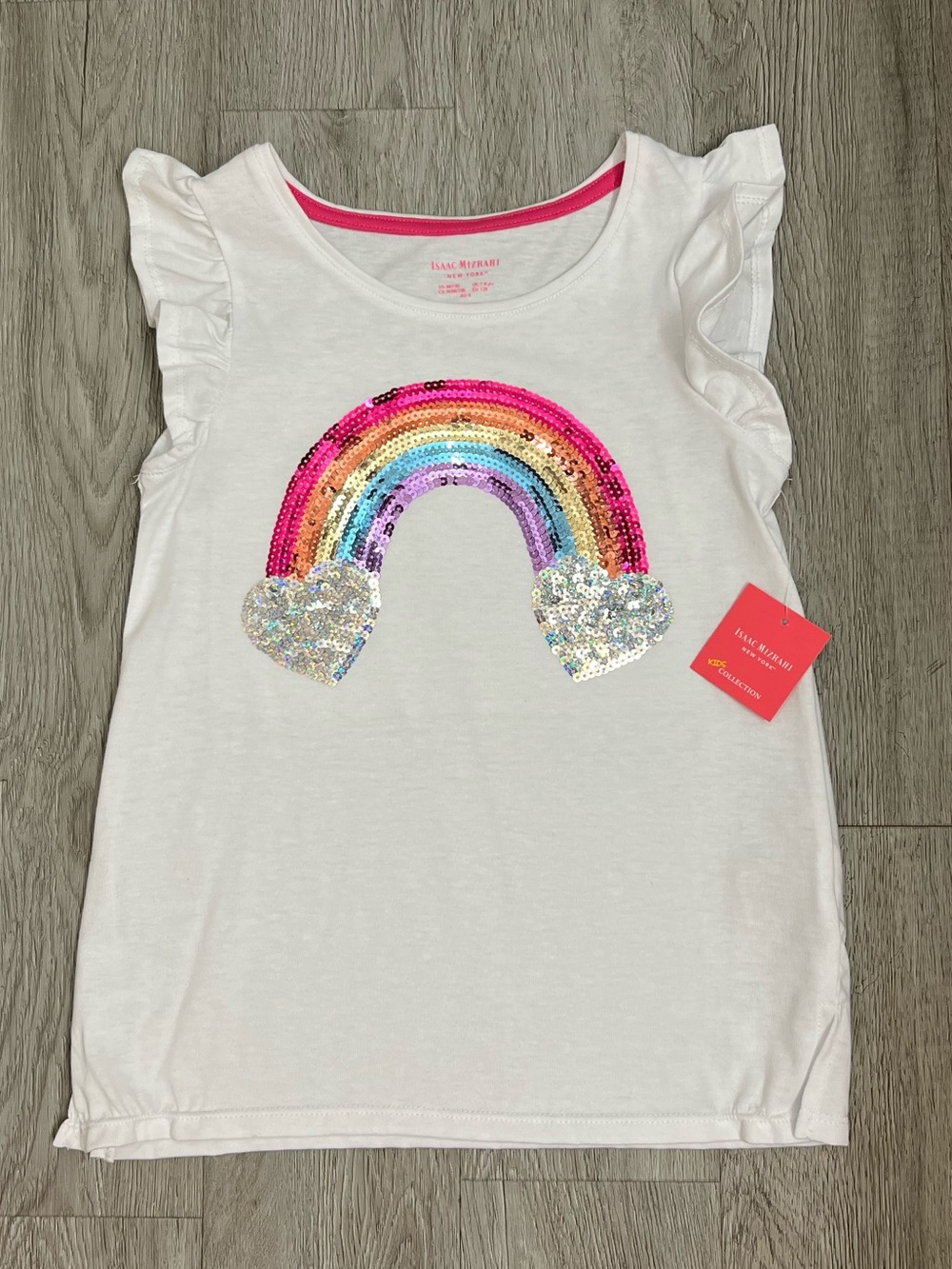 White Kids Rainbow Sequin Flutter Sleeve Top - Picture 1 of 2